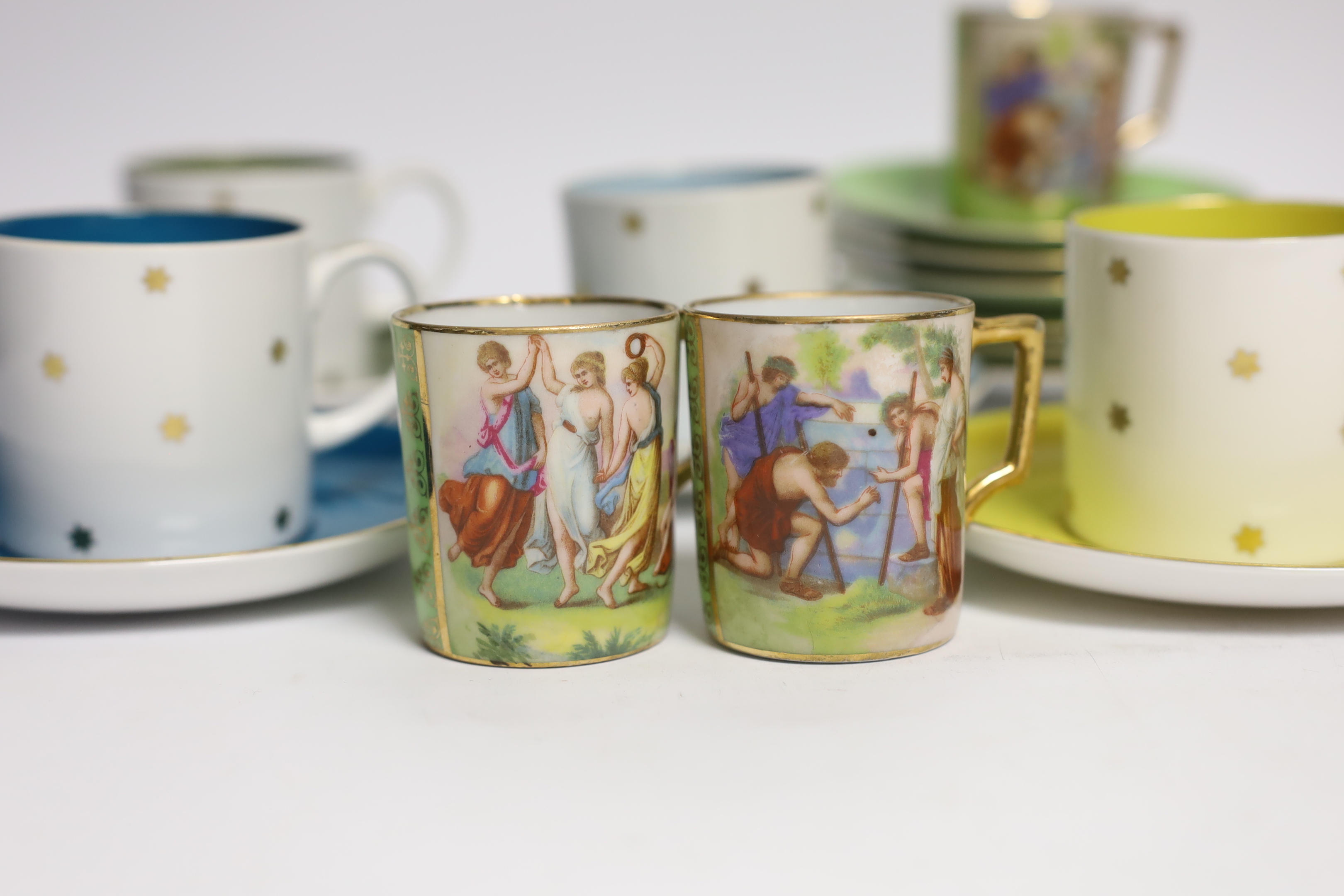 Set of six Susie Cooper bone china multi-coloured cups and saucers together with six Victoria saucers and five cups, largest 14cm in diameter